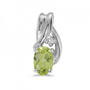 14k White Gold Oval Peridot And Diamond Pendant