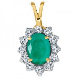 14K Yellow Gold 8x6 Oval Emerald and Diamond Pendant