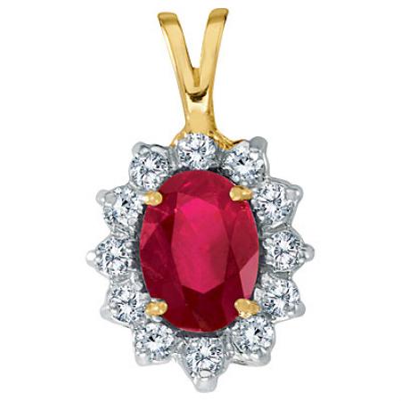 14K Yellow Gold 8x6 Oval Ruby and Diamond Pendant