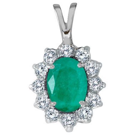 14K White Gold 8x6 Oval Emerald and Diamond Pendant