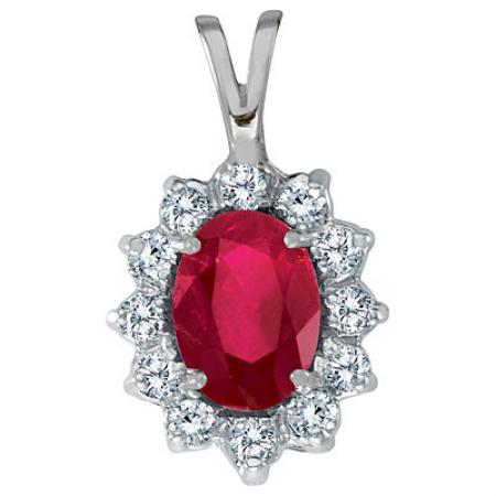 14K White Gold 8x6 Oval Ruby and Diamond Pendant