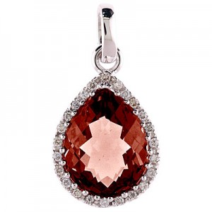 14K White Gold 9x11 mm Pear Garnet and Diamond Pendant