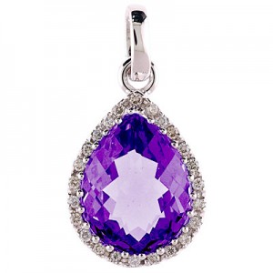 14K White Gold 9x11 mm Pear Amethyst and Diamond Pendant