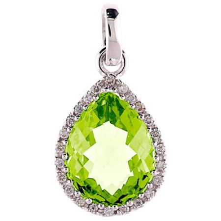 14K White Gold 9x11 mm Pear Peridot and Diamond Pendant