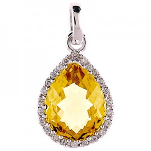 14K White Gold 9x11 mm Pear Citrine and Diamond Pendant