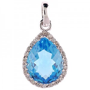 14K White Gold 9x11 mm Pear Blue Topaz and Diamond Pendant