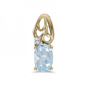 14k Yellow Gold Oval Aquamarine And Diamond Pendant