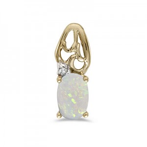 14k Yellow Gold Oval Opal And Diamond Pendant