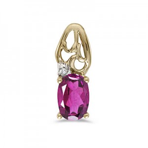 14k Yellow Gold Oval Pink Topaz And Diamond Pendant