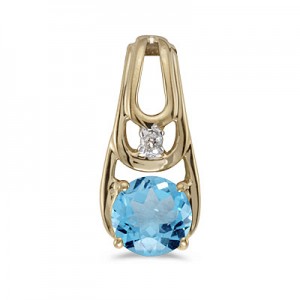 14k Yellow Gold Round Blue Topaz And Diamond Pendant