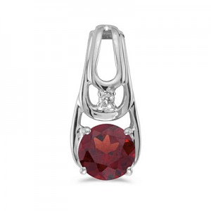 14k White Gold Round Garnet And Diamond Pendant