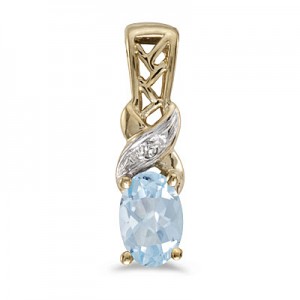 14k Yellow Gold Oval Aquamarine And Diamond Pendant