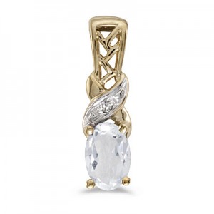 14k Yellow Gold Oval White Topaz And Diamond Pendant