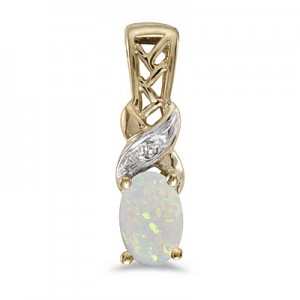 14k Yellow Gold Oval Opal And Diamond Pendant