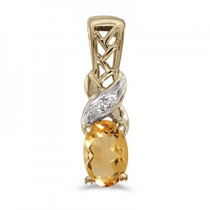 14k Yellow Gold Oval Citrine And Diamond Pendant