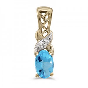 14k Yellow Gold Oval Blue Topaz And Diamond Pendant