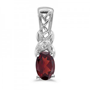 14k White Gold Oval Garnet And Diamond Pendant