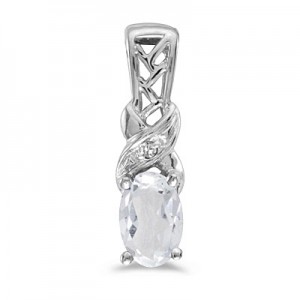 14k White Gold Oval White Topaz And Diamond Pendant