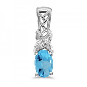 14k White Gold Oval Blue Topaz And Diamond Pendant