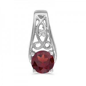 14k White Gold Round Garnet And Diamond Pendant