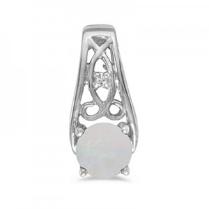 14k White Gold Round Opal And Diamond Pendant