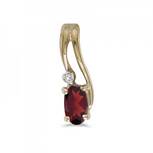 14k Yellow Gold Oval Garnet And Diamond Wave Pendant