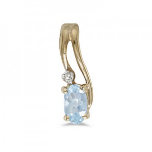 14k Yellow Gold Oval Aquamarine And Diamond Wave Pendant