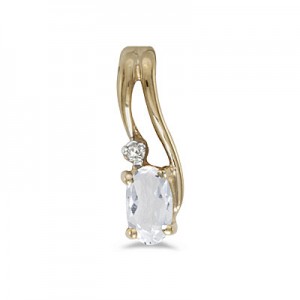 14k Yellow Gold Oval White Topaz And Diamond Wave Pendant