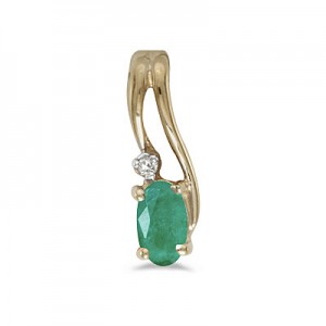 14k Yellow Gold Oval Emerald And Diamond Wave Pendant