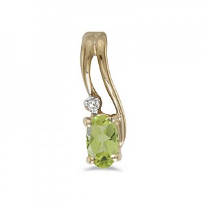 14k Yellow Gold Oval Peridot And Diamond Wave Pendant