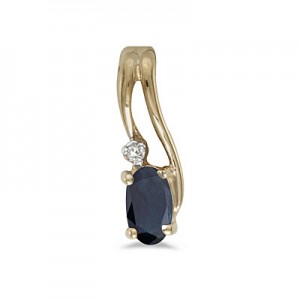 14k Yellow Gold Oval Sapphire And Diamond Wave Pendant