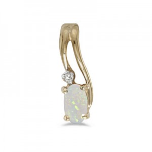 14k Yellow Gold Oval Opal And Diamond Wave Pendant