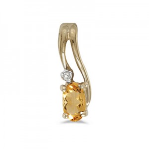 14k Yellow Gold Oval Citrine And Diamond Wave Pendant
