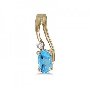 14k Yellow Gold Oval Blue Topaz And Diamond Wave Pendant