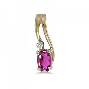 14k Yellow Gold Oval Pink Topaz And Diamond Wave Pendant