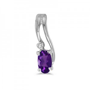 14k White Gold Oval Amethyst And Diamond Wave Pendant