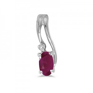 14k White Gold Oval Ruby And Diamond Wave Pendant