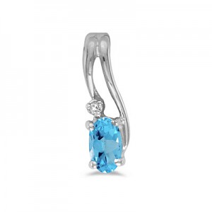14k White Gold Oval Blue Topaz And Diamond Wave Pendant