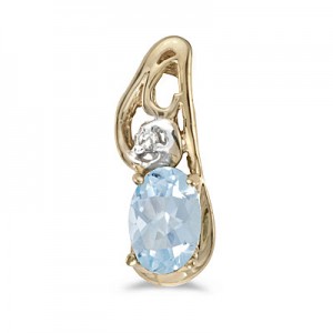 14k Yellow Gold Oval Aquamarine And Diamond Pendant