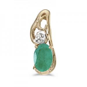 14k Yellow Gold Oval Emerald And Diamond Pendant