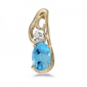 14k Yellow Gold Oval Blue Topaz And Diamond Pendant