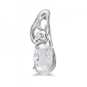 14k White Gold Oval White Topaz And Diamond Pendant