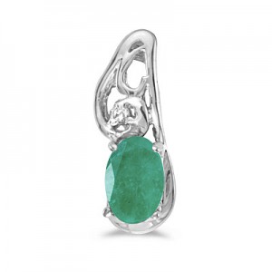 14k White Gold Oval Emerald And Diamond Pendant