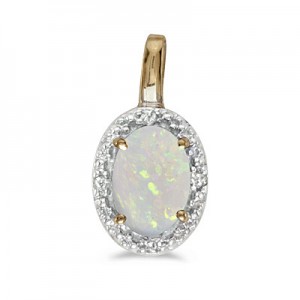 14k Yellow Gold Oval Opal And Diamond Pendant