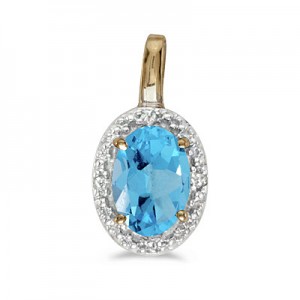 14k Yellow Gold Oval Blue Topaz And Diamond Pendant