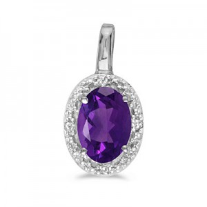 14k White Gold Oval Amethyst And Diamond Pendant