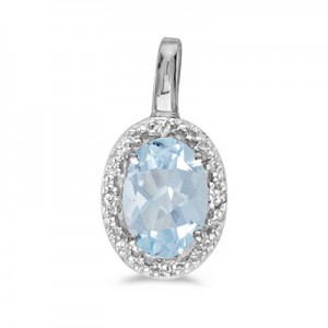 14k White Gold Oval Aquamarine And Diamond Pendant