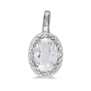 14k White Gold Oval White Topaz And Diamond Pendant