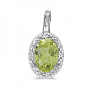 14k White Gold Oval Peridot And Diamond Pendant