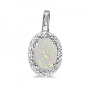 14k White Gold Oval Opal And Diamond Pendant